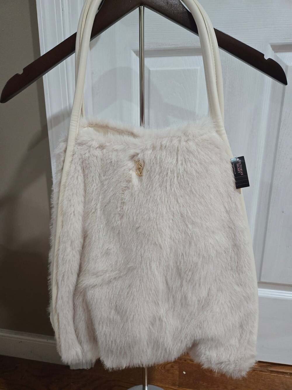 Victoria's Secret Faux Fur Tote Bag Cream Ivory Gold VS Logo New